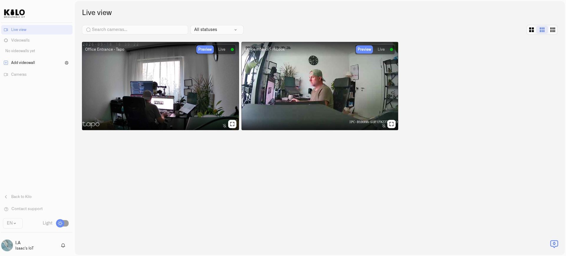 Kilo Lens interface displaying live camera feeds