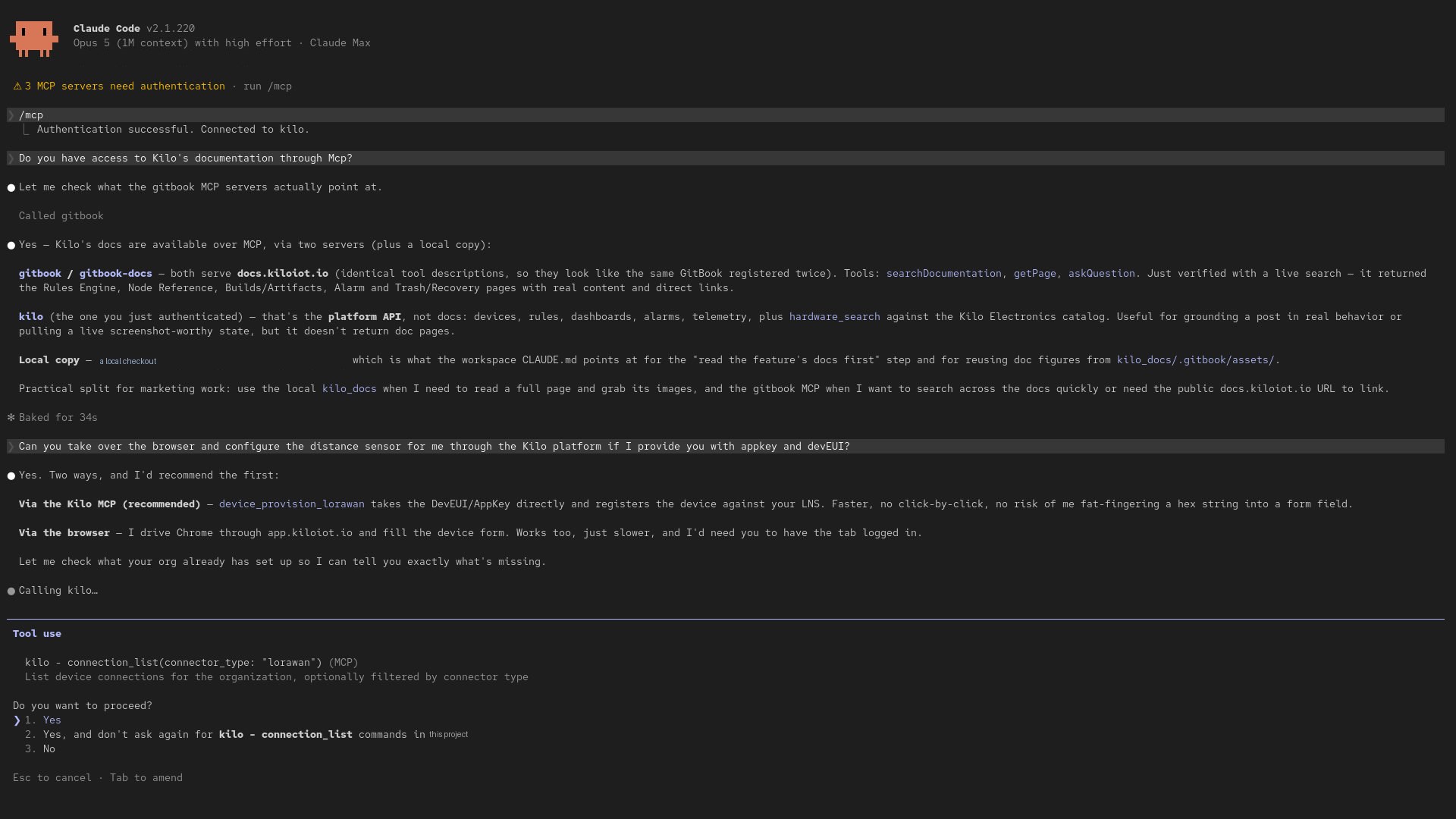 Terminal con una sesión de Claude Code conectada a Kilo por MCP, llamando a la herramienta connection_list y mostrando una solicitud de permiso