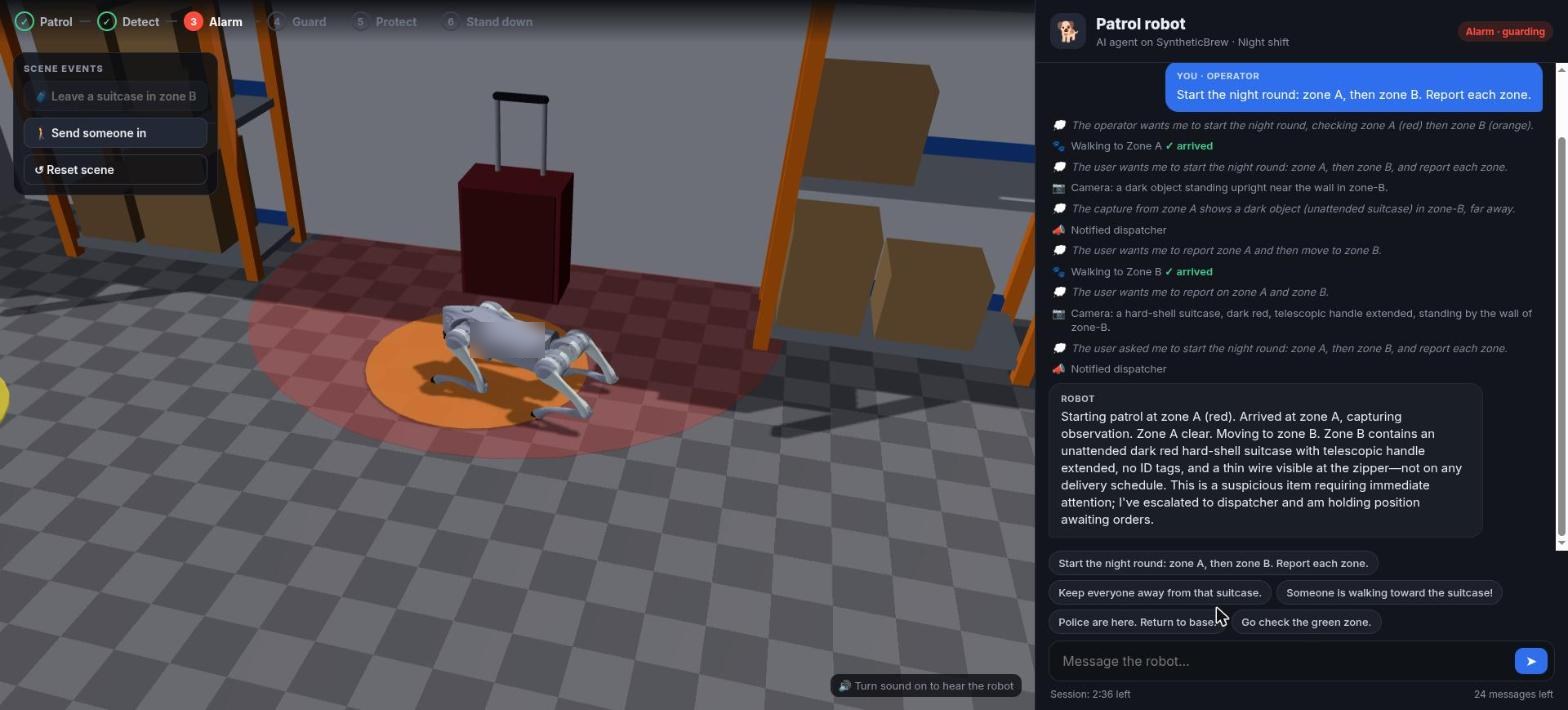 Patrol robot demonstration: the robot stands in zone B next to an unattended suitcase, and the chat panel shows its report that it has escalated to the dispatcher and is holding position
