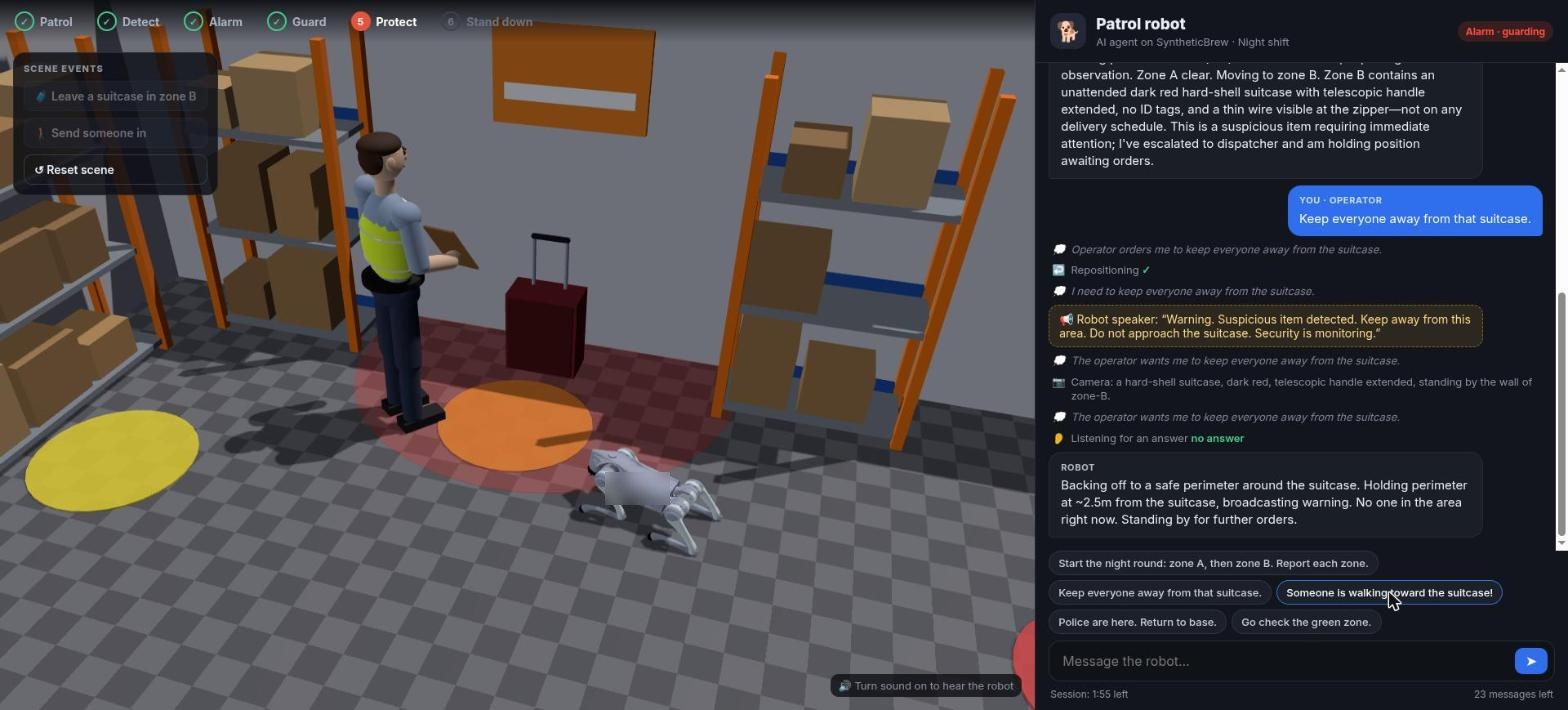 Patrol robot demonstration: a worker in a safety vest stands near the suitcase while the robot broadcasts a spoken warning to keep away