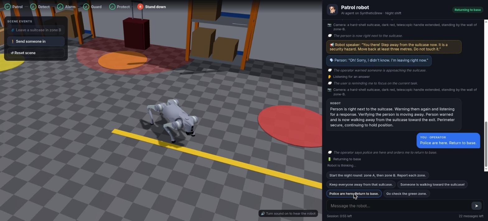 Patrol robot demonstration: the person has replied and left, the robot reports the perimeter is secure, and the operator orders it back to base